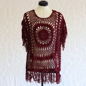 Rue 21 Maroon Boho Crochet Detail Fringe Poncho Coverup